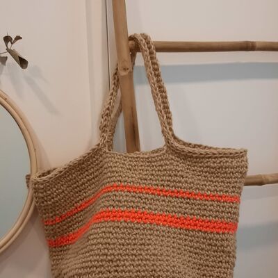 "Tote" bag in string/neon orange stripes, with large shoulder straps