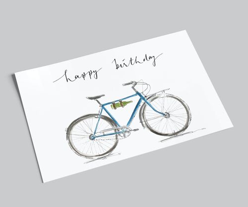 Geburtstagskarte | blaues Fahrrad mit Weinflasche | Happy Birthday | Postkarte mit Wein und Fahrrad