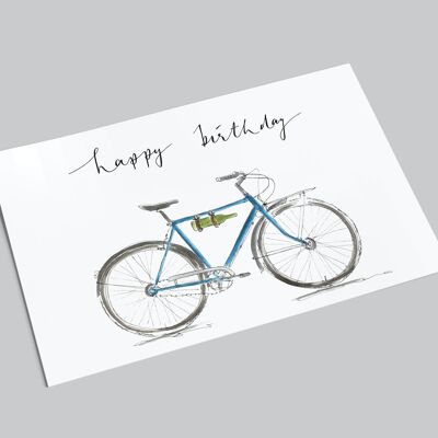 carte d'anniversaire | vélo bleu avec bouteille de vin | joyeux anniversaire | Carte postale avec vin et vélo