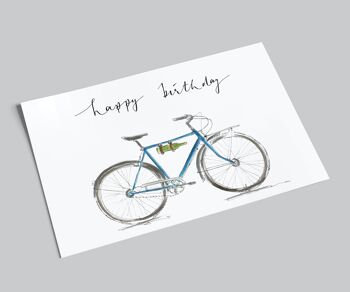 carte d'anniversaire | vélo bleu avec bouteille de vin | joyeux anniversaire | Carte postale avec vin et vélo 1