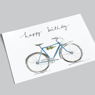 tarjeta de cumpleaños | bicicleta azul con botella de vino | feliz cumpleaños | Postal con vino y bicicleta.