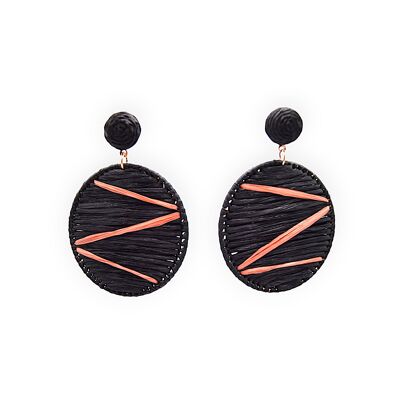 Orecchini a disco circolare a zig-zag in rafia nera e marrone chiaro