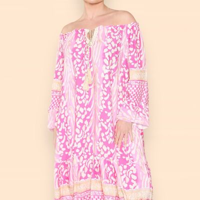 Robe midi imprimée avec pompons tressés en imprimé animal léopard zèbre