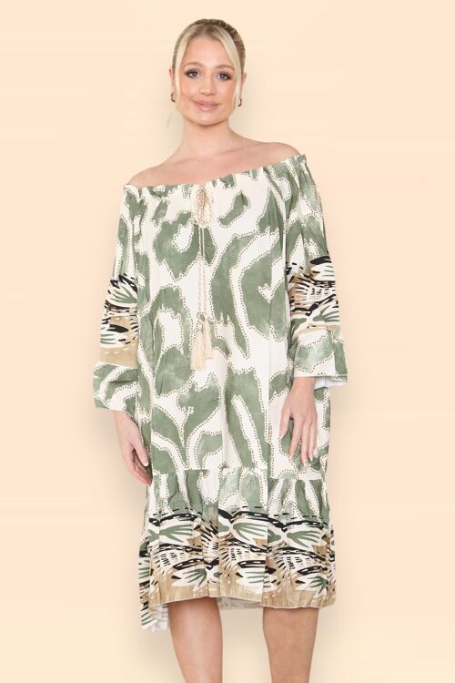 Printed Midi Dress with Braided Tassels Off Shoujlders Large Leopard Print