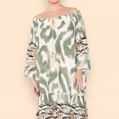 Printed Midi Dress with Braided Tassels Off Shoujlders Large Leopard Print