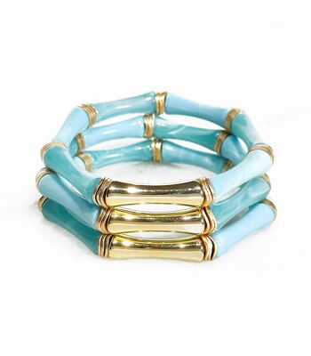 Bracelet Acrylique Façon Bambou sur élastique - Bleu ciel et doré 1