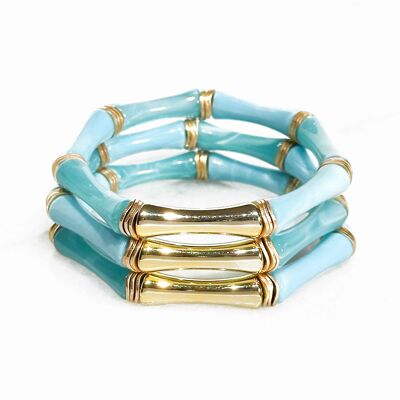 Bracelet Acrylique Façon Bambou sur élastique - Bleu ciel et doré