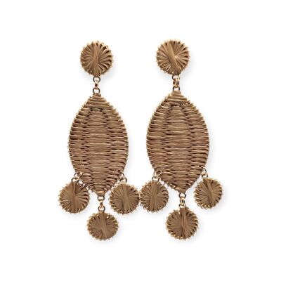 Pendientes colgantes ovalados y circulares de rafia beige