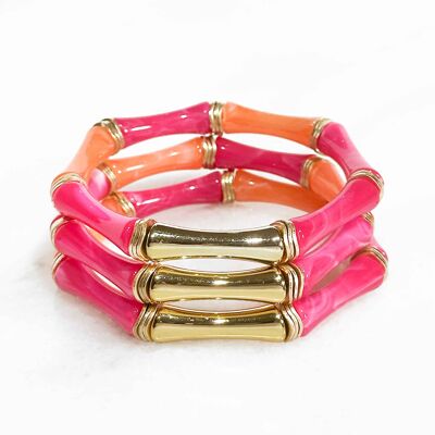 Bamboo-style Acrylic Bracelet on elastic - Fuchsia and orange, and gold