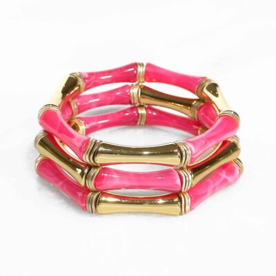 Bracciale acrilico stile bambù su elastico - Fucsia e oro