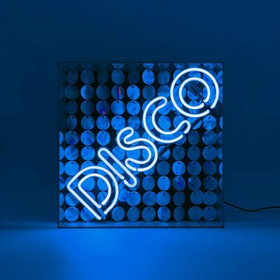 Disco' Glas-Leuchtreklame mit Pailletten – Blau
