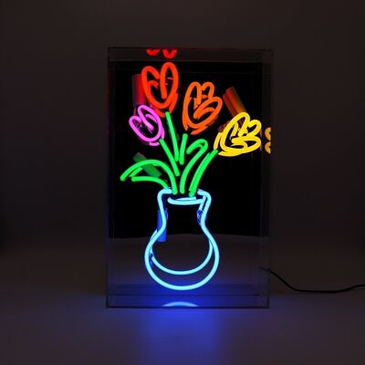 Insegna al neon in vetro con vaso di tulipani