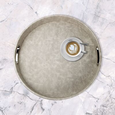 Vassoio rotondo in ecopelle razza beige con manici in acciaio inox