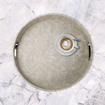Tray round faux leather stingray beige with stainless steel handles