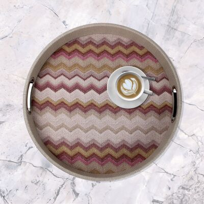 Round tray pink with zigzag pattern with stainless steel handles