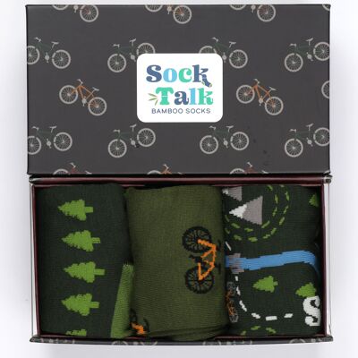 Herren-Geschenkset „Mountainbike Route Bambussocken“.