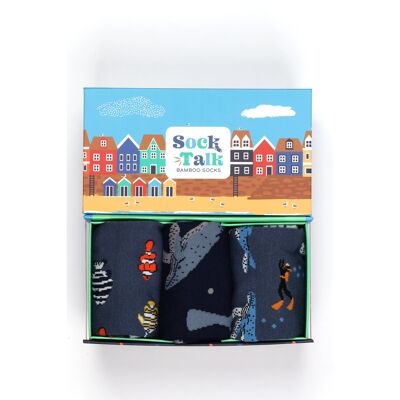 Men's Deep Sea Scuba Diver Whale and Fish Print Bamboo Socks Gift Set Box