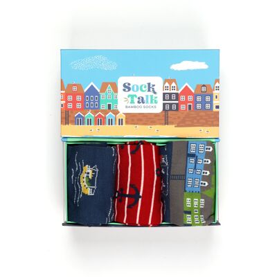 Coffret cadeau de chaussettes en bambou pour hommes, bateaux, ancres et villages de pêcheurs nautiques