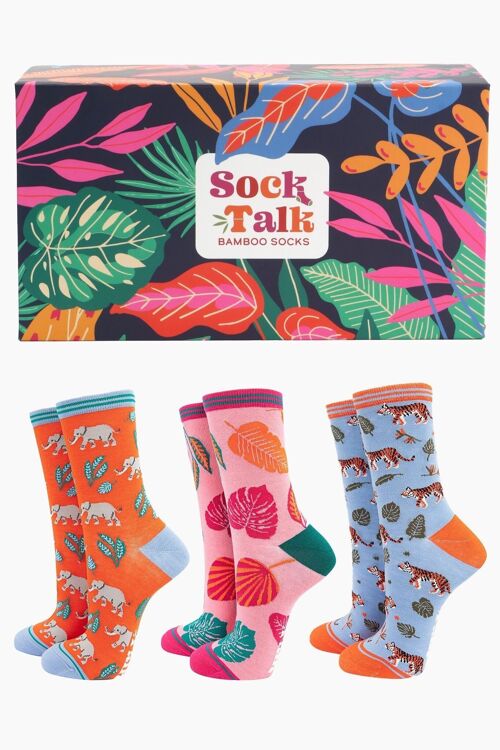 Women's Elephant, Tiger and Jungle Leaf Print Bamboo Socks Gift Set Box