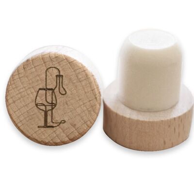 Reusable engraved wood wine cork drawing bottle & glass