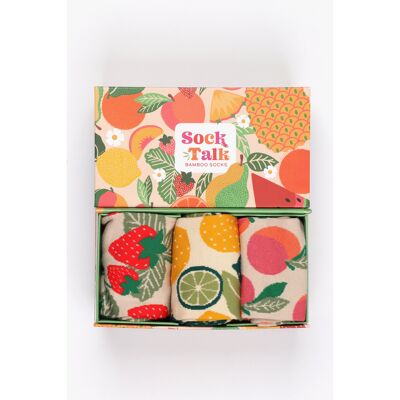 Caja de regalo con calcetines de bambú con estampado de frutas variadas para mujer