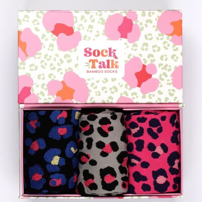 Caja de regalo con calcetines de bambú con estampado de leopardo para mujer