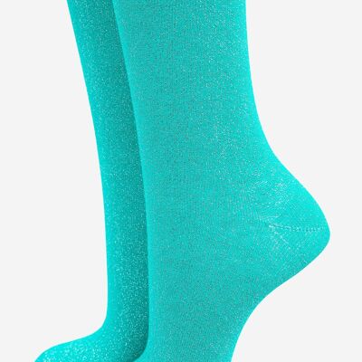 Women's Cotton All Over Glitter Ankle Socks in Turquoise