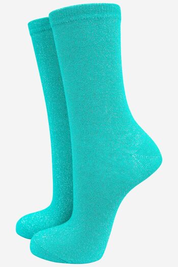 Socquettes en coton à paillettes pour femmes en turquoise 1
