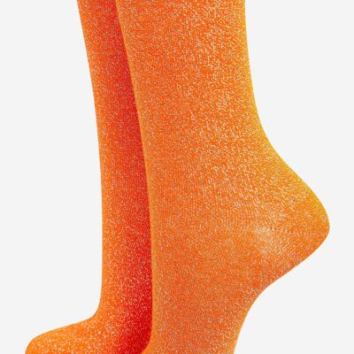 Calcetines tobilleros de algodón con purpurina en toda la prenda para mujer en color naranja