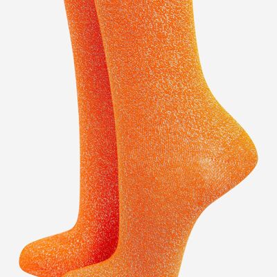 Calcetines tobilleros de algodón con purpurina en toda la prenda para mujer en color naranja