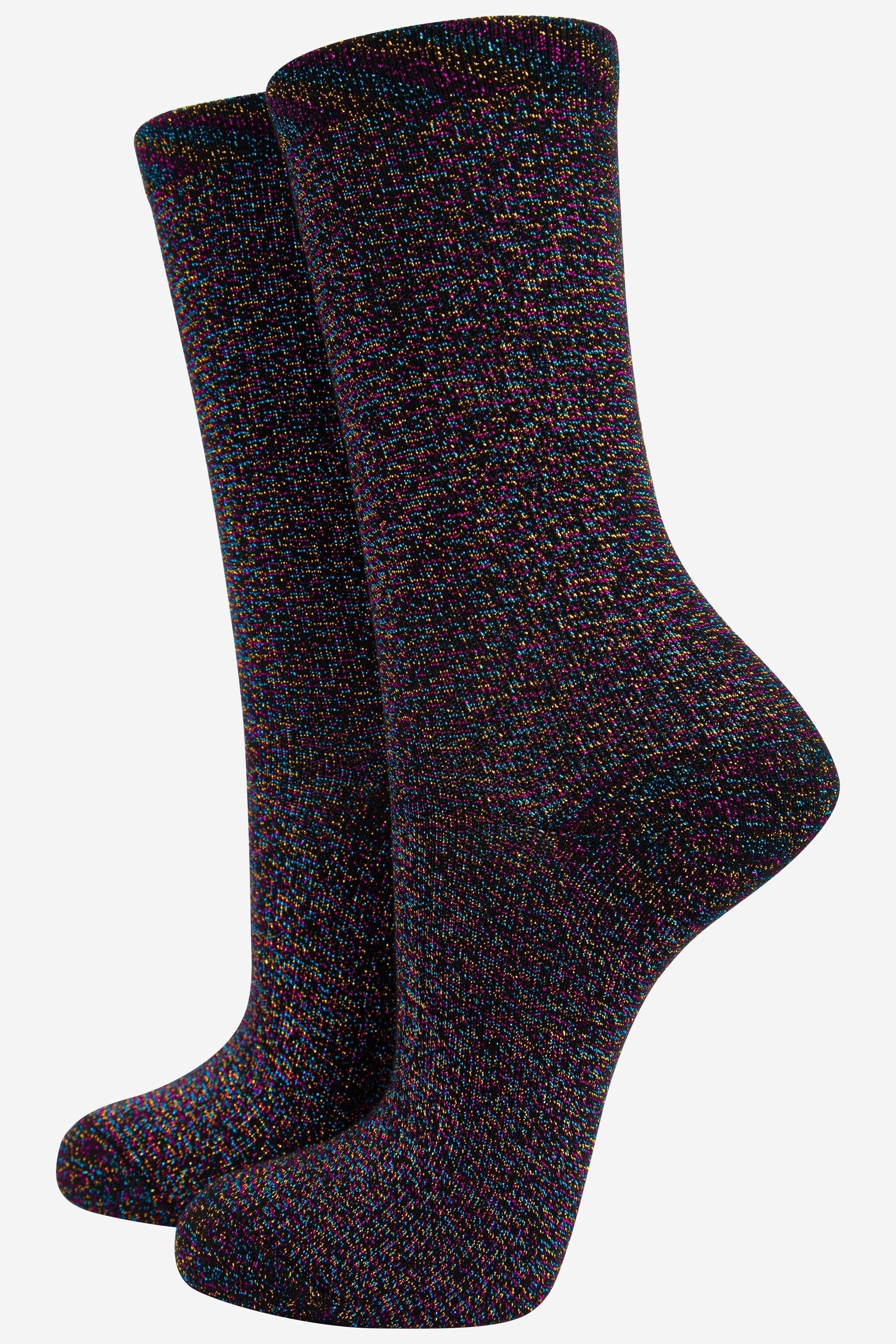 Damen-Söckchen aus Baumwolle mit durchgehendem Glitzer in schwarzem Regenbogen