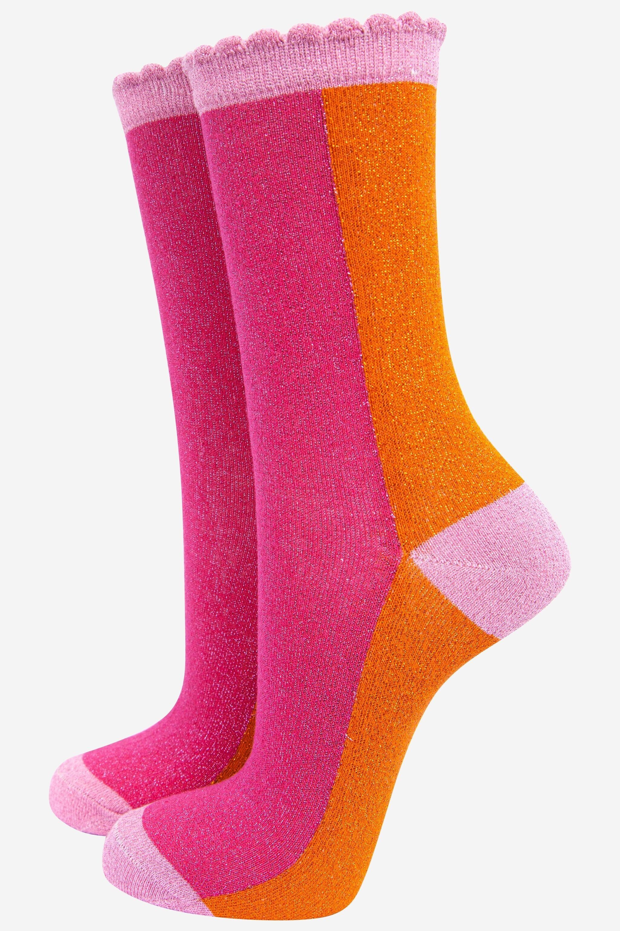 Damen-Socken aus Baumwolle mit Glitzer, gewelltes Oberteil, Farbblock, Rosa, Orange