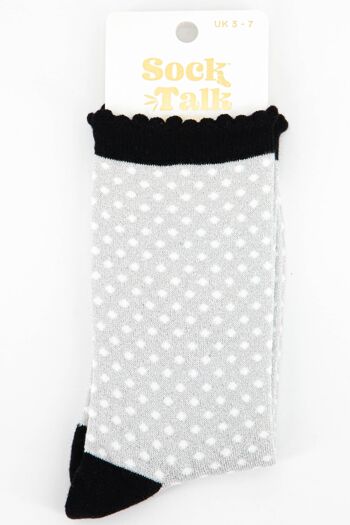 Chaussettes Femme Coton Paillettes Pois Pois Haut Festonné Gris Noir 4