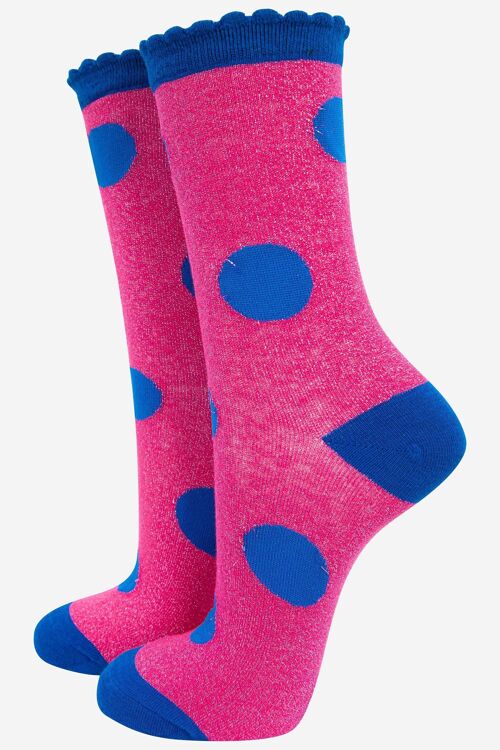 Women's Cotton Glitter Socks Large Polka Dot Spots Scalloped Cuff Pink Royal Blue