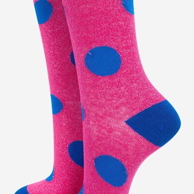 Women's Cotton Glitter Socks Large Polka Dot Spots Scalloped Cuff Pink Royal Blue