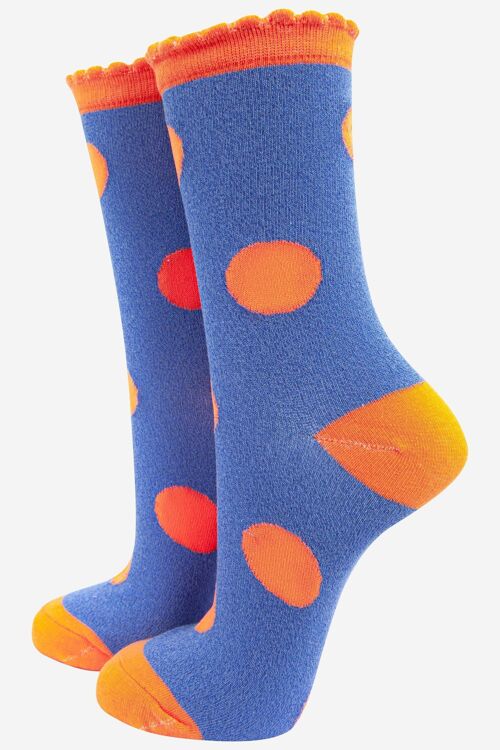 Women's Cotton Glitter Socks Large Polka Dot Spots Scalloped Cuff Blue Orange
