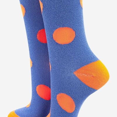 Damen-Socken aus Baumwolle mit Glitzer, großen Punkten, gepunktetem, gewelltem Bündchen, blau-orange