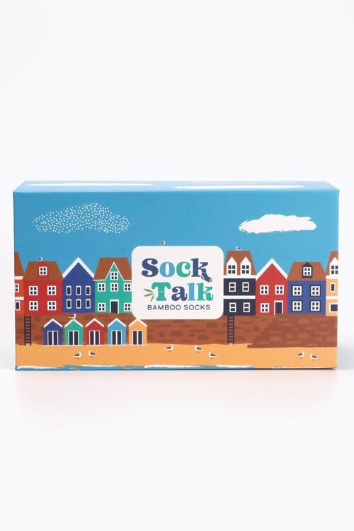 Men's Coastal Seaside Village Scene Sock Talk Gift Box (Box Only) in Blue