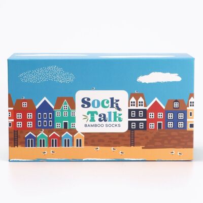 Caja de regalo para hombre con escena de Coastal Seaside Village Sock Talk (solo caja) en azul