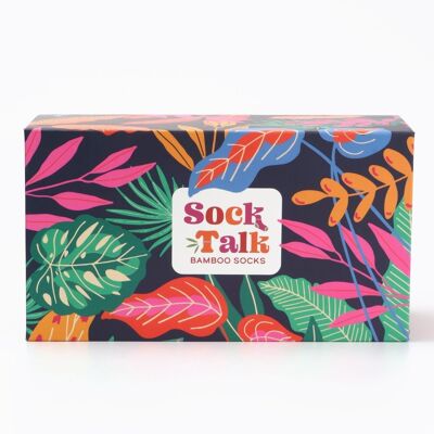 Socktalk-Geschenkbox für Damen in leuchtenden Farben mit tropischem Blattmuster (nur Box) in Marineblau
