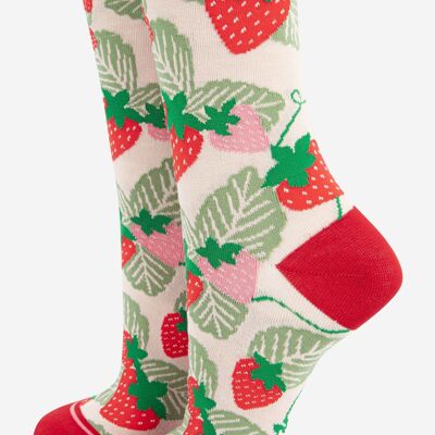 Calcetines de bambú con estampado de fresas para mujer