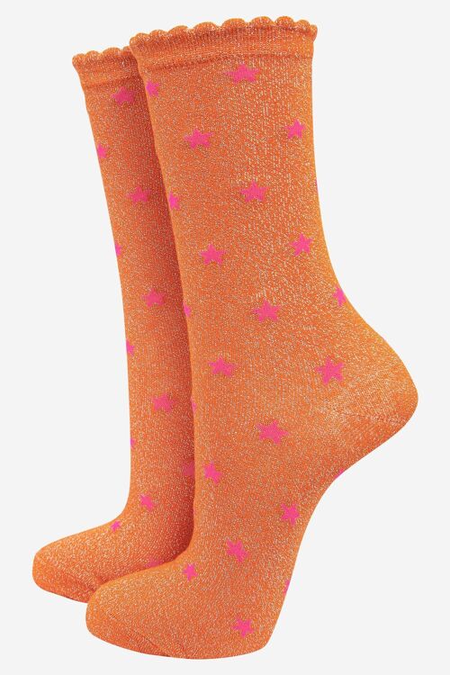 Womens Cotton Blend Glitter Socks With Star Detail in Orange