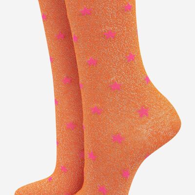 Womens Cotton Blend Glitter Socks With Star Detail in Orange