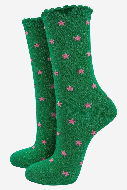 Womens Cotton Blend Glitter Socks With Star Detail in Green