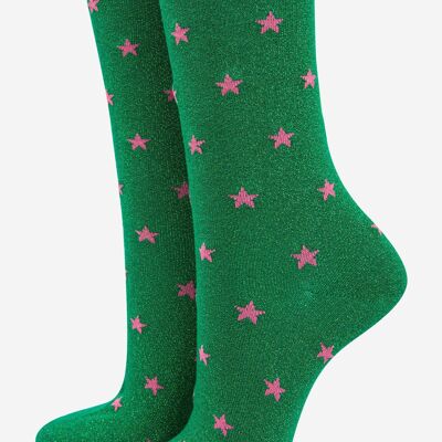 Womens Cotton Blend Glitter Socks With Star Detail in Green