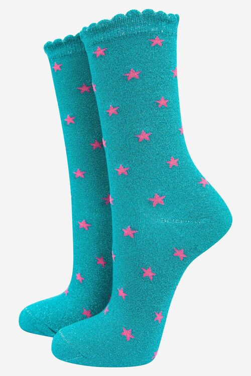 Womens Cotton Blend Glitter Socks With Star Detail in Aqua