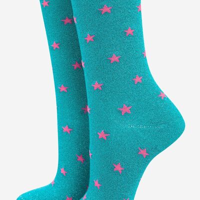 Womens Cotton Blend Glitter Socks With Star Detail in Aqua