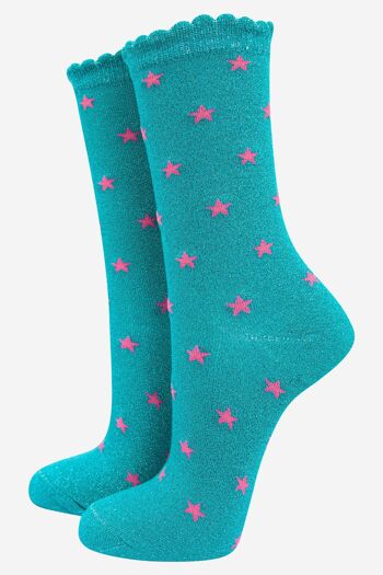 Chaussettes à paillettes en coton mélangé pour femme avec détail étoile en Aqua 1
