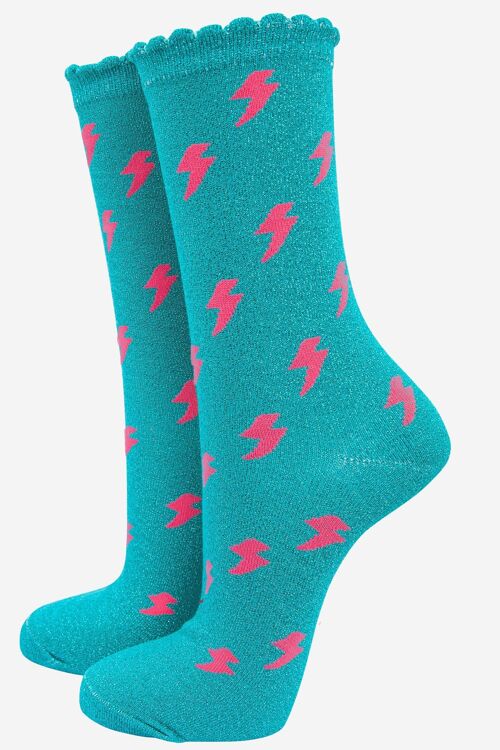 Women's Cotton Glitter Socks Lightning Bolt Blue Aqua
