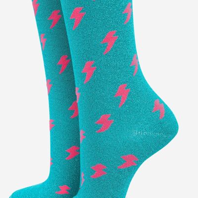 Women's Cotton Glitter Socks Lightning Bolt Blue Aqua